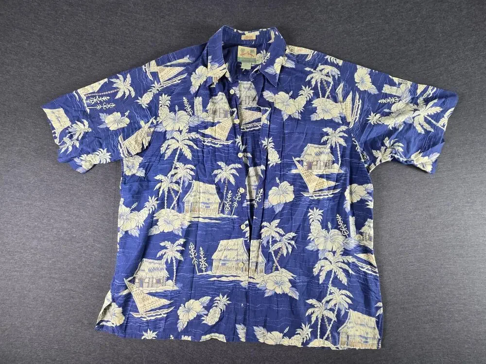 Vintage Reyn Spooner Shirt Mens Large Blue Hawaiian Cotton Button Up Tropical